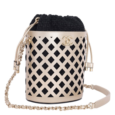 Matelasse Bucket Bag Perforated Leather Gold Black