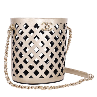 Matelasse Bucket Bag Perforated Leather Gold Black