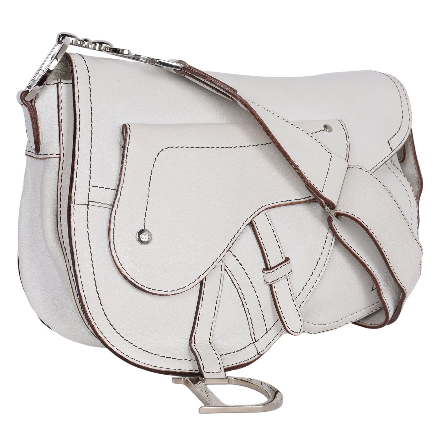 Christian-Dior-Saddle-Bag-Leather-Shoulder-Bag-Hand-Bag-White