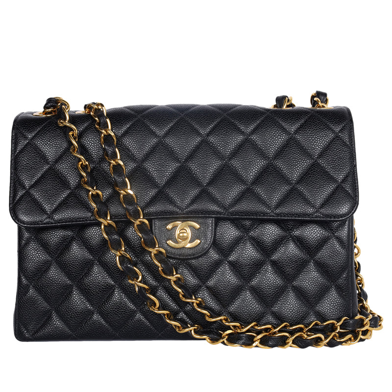 CC Quilted Jumbo Classic Caviar Leather Flap Bag