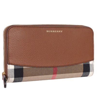 Large Check and Leather Zip Wallet