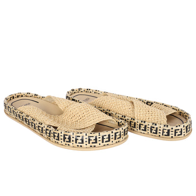 Zucca FF Logo Raffia Mules - Size 40