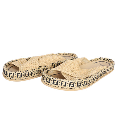 Zucca FF Logo Raffia Mules - Size 40