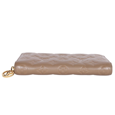 Lambskin Embossed Monogram Coussin Zippy Wallet Taupe