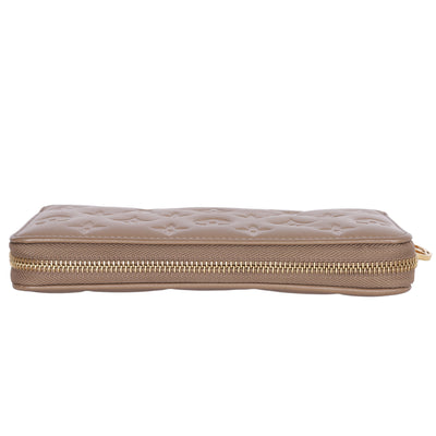 Lambskin Embossed Monogram Coussin Zippy Wallet Taupe