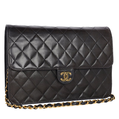 Matelasse Chain Shoulder Bag Lambskin Leather Black