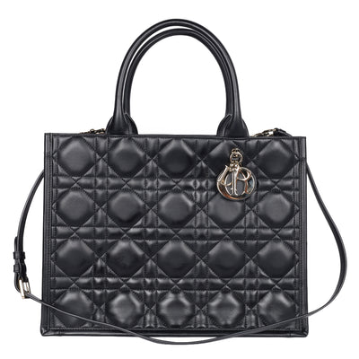 Calfskin Macro Cannage Medium Book Tote Black
