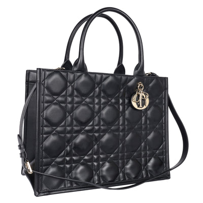 Calfskin Macro Cannage Medium Book Tote Black