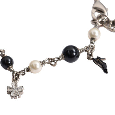 Faux Pearl Black Bead Multi Charm Silver Tone Bracelet