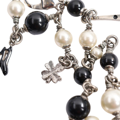 Faux Pearl Black Bead Multi Charm Silver Tone Bracelet