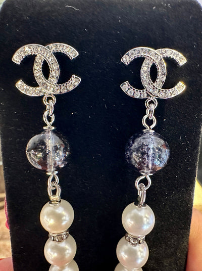 Pearl Rhinestone Dangle Pierced Earrings
