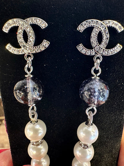 Pearl Rhinestone Dangle Pierced Earrings