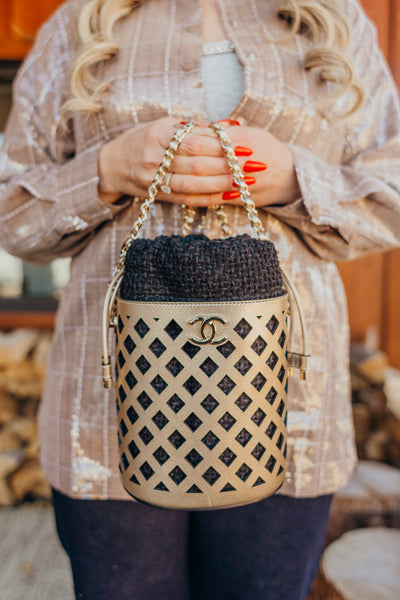 Matelasse Bucket Bag Perforated Leather Gold Black