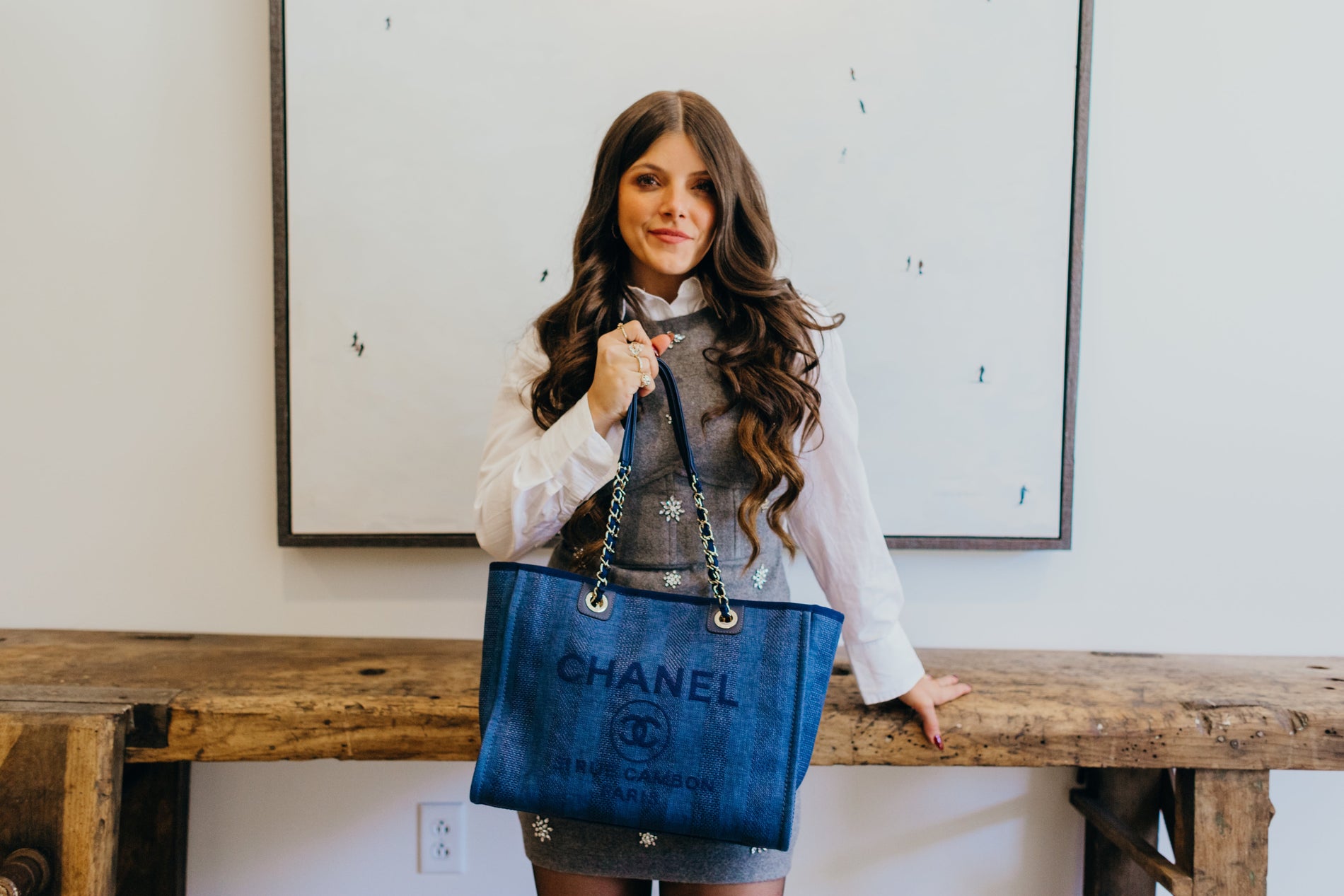 Chanel Small Deauville Shopping Bag Blue Boucle Silver Hardware