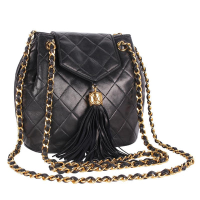 Classic Front Flap Tassel Lambskin Leather Cross Body Bag Black