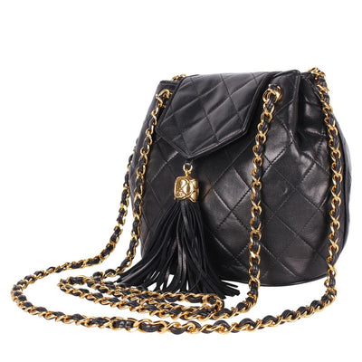Classic Front Flap Tassel Lambskin Leather Cross Body Bag Black