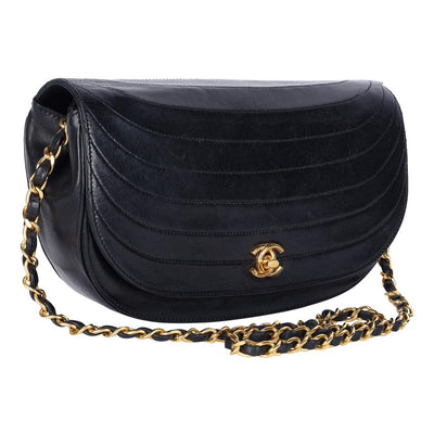 Half Moon Front Flap Leather Shoulder Bag Vintage Black