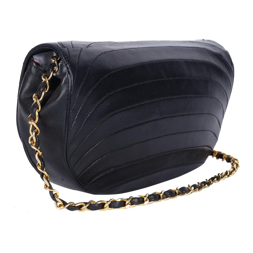 CHANEL Half Moon Chain Shoulder Bag Black Quilted Flap Lambskin