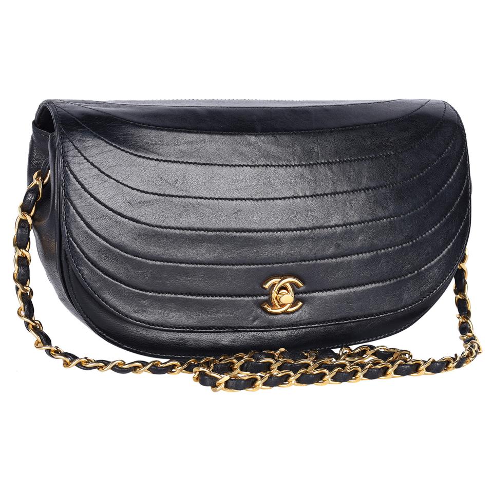 Chanel Vintage Black Quilted Lambskin Half Moon Flap Shoulder Bag