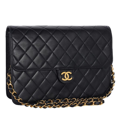 Lambskin Leather Single Flap Shoulder Bag Black