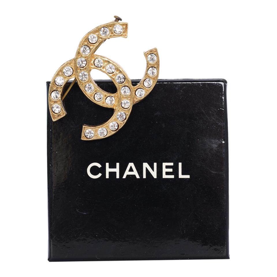 Chanel Silver & Rhinestone Logo Pin