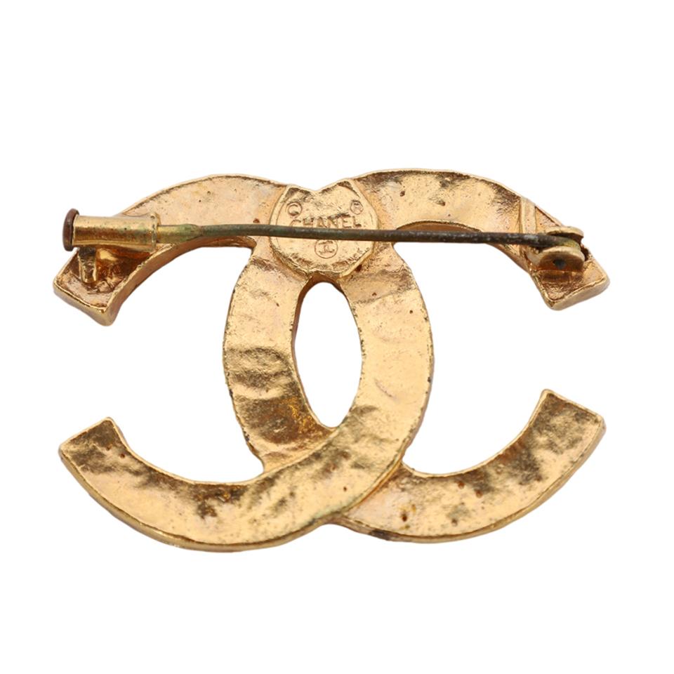 CHANEL Gold-tone Coco Mark Logo Faux Pearls Pin Brooch D10V Excellent A2947