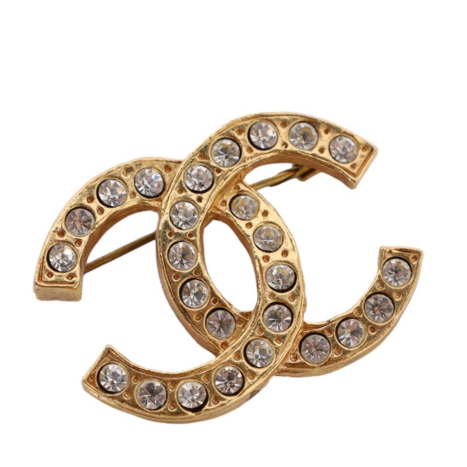 Authentic Chanel CC Logo Gold Crystals Brooch