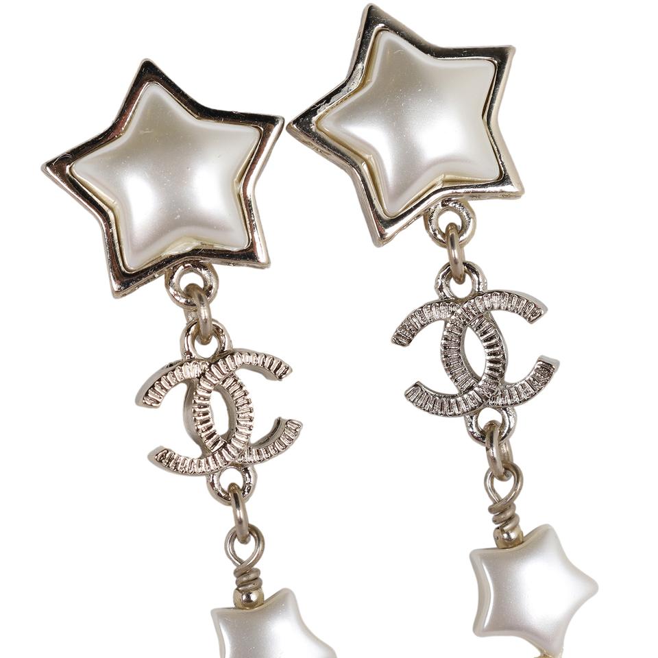 Metal Resin Pearl Star CC Drop Earrings Gold Pearly White (Authentic New)
