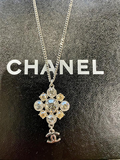 Chanel Vintage Silver CC logo With Black Rhinestone Pendant