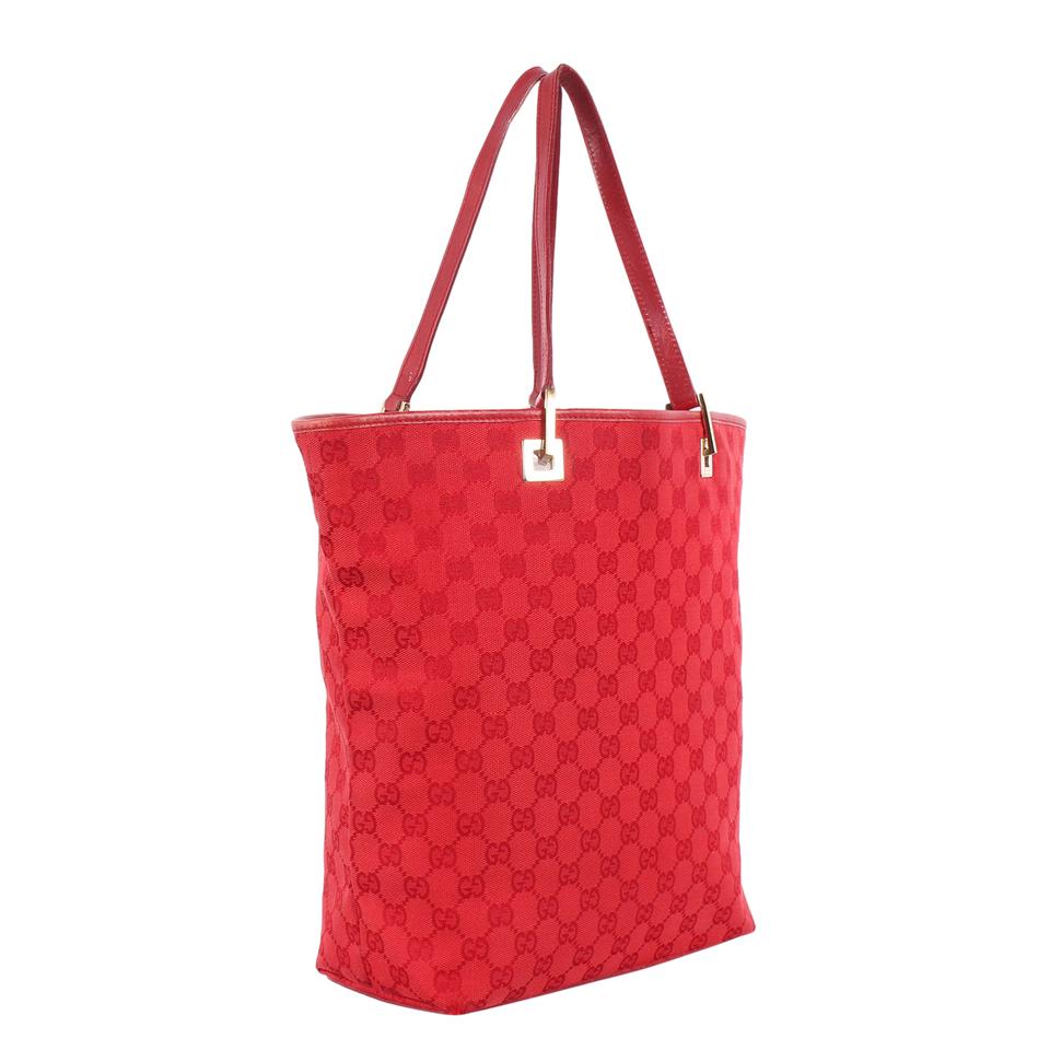 GUCCI Beige GG Monogram Canvas Red Leather Trim & Dual Handle Tote Shopper  Bag