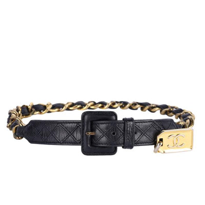 Vintage Black Leather Gold Chain Belt XS