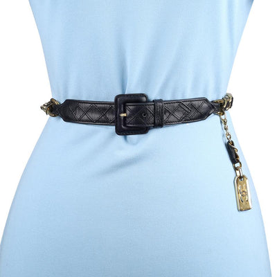 Vintage Black Leather Gold Chain Belt XS