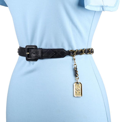 Vintage Black Leather Gold Chain Belt XS