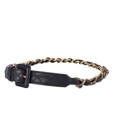 Vintage Black Leather Gold Chain Belt XS