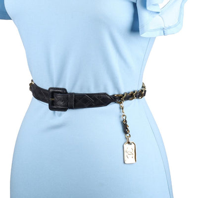 Vintage Black Leather Gold Chain Belt XS