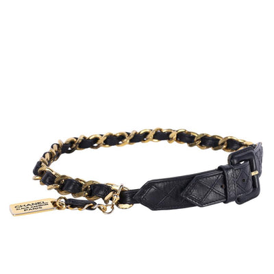 Vintage Black Leather Gold Chain Belt XS