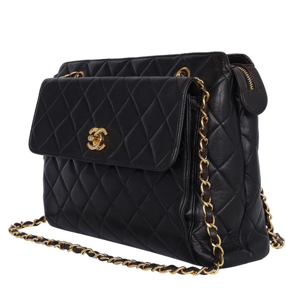 Chanel Vintage Black Chevron Quilted Calfskin Leather Small Chain Evening Tote